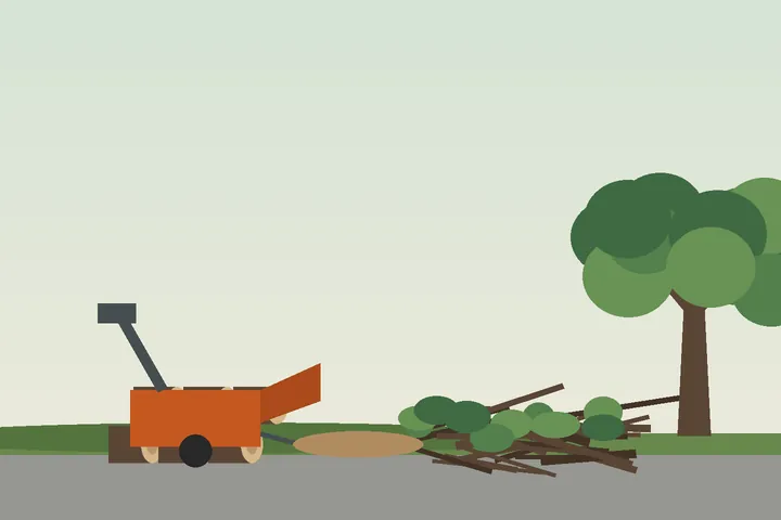 Illustration: wood chipper next to a pile of branches